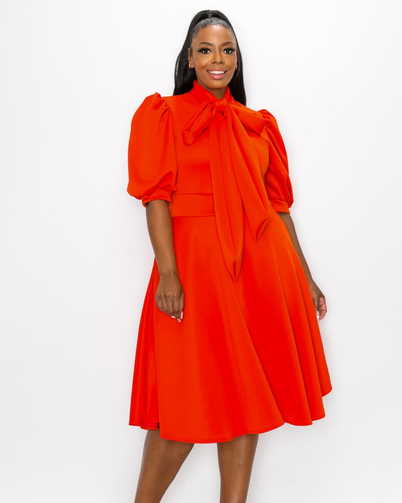 Front of a model wearing a size 1X Casey Scuba Flare Dress in Dark Orange by L I V D. | dia_product_style_image_id:240787
